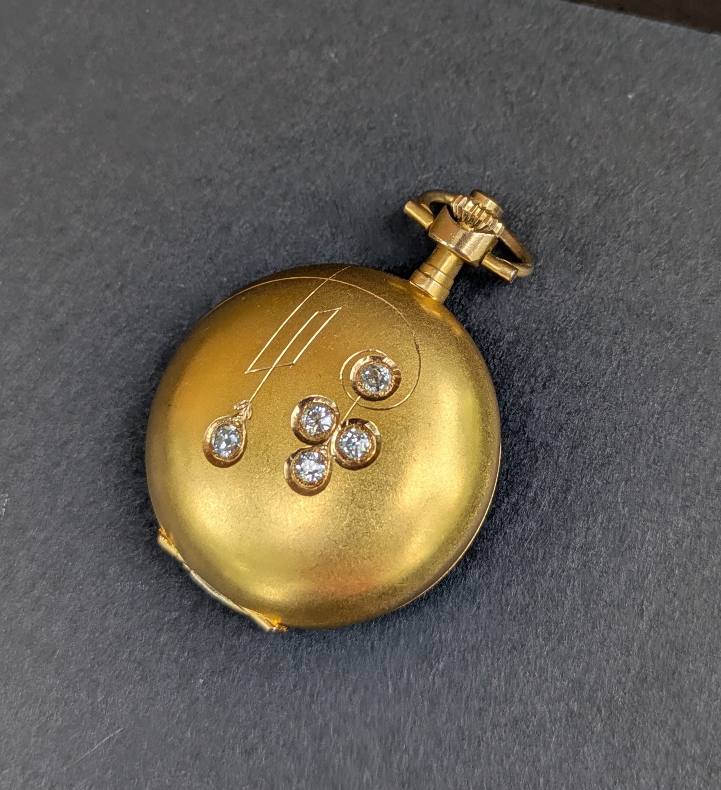 14kt Swiss Seraph Pocket Watch- Art Deco with 5 OEC Diamonds and Hand Engraving