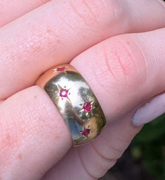 14k Wide Gold Band with Ruby Stars