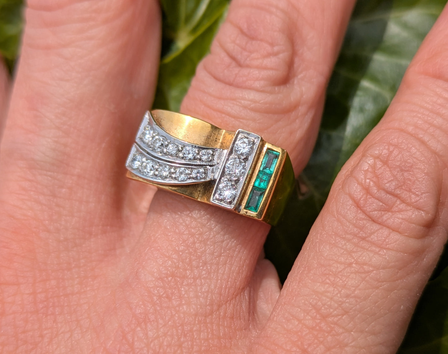 French 18kt "Tank Ring" with Emerald and Diamond