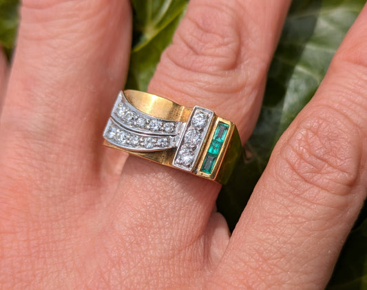 French 18kt "Tank Ring" with Emerald and Diamond