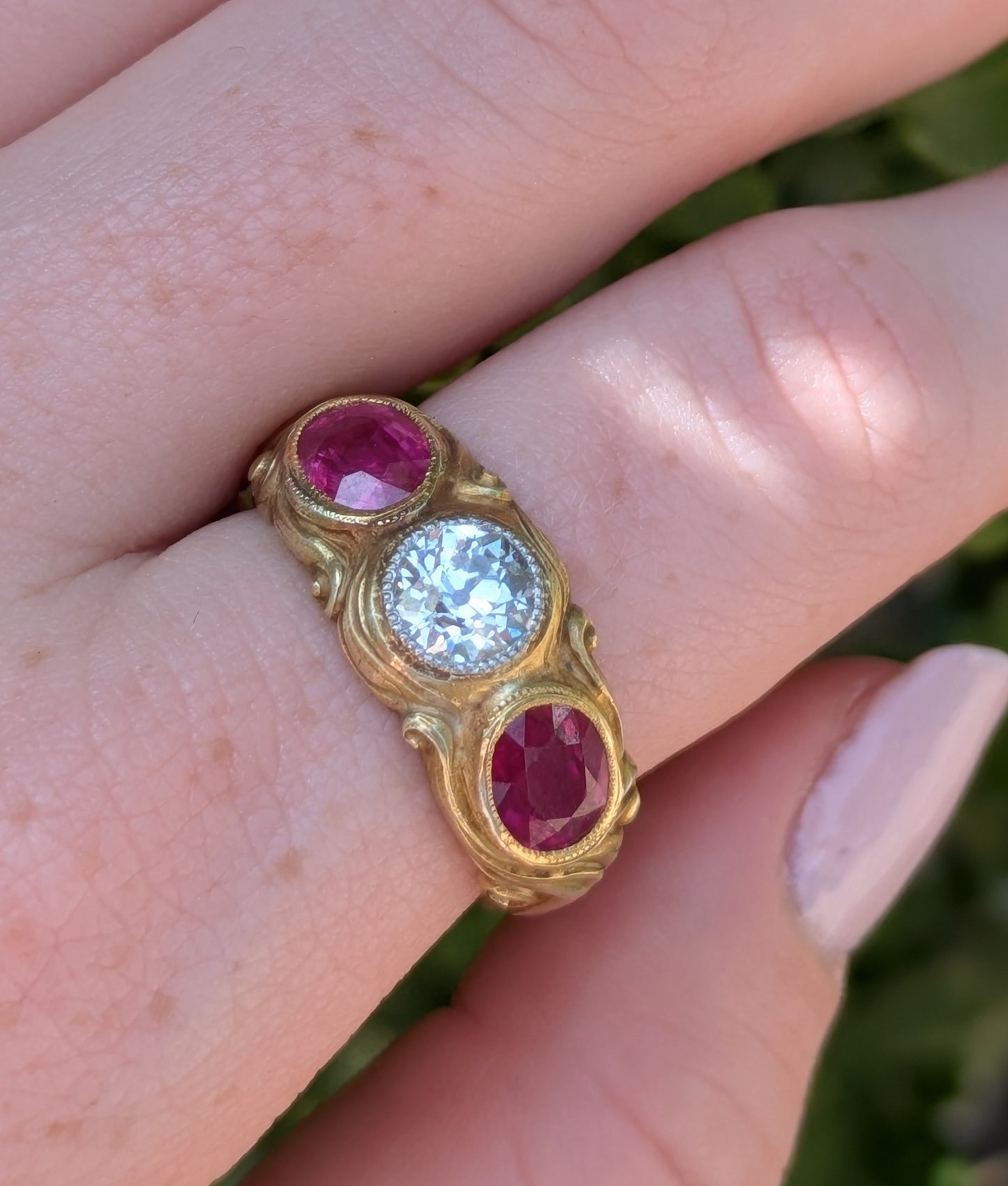 18kt Flush Set OEC Diamond & Red Spinel Ring