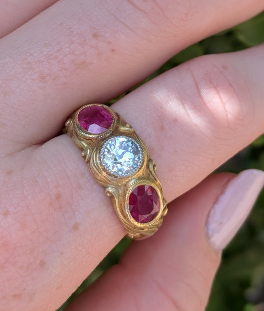 18kt Flush Set OEC Diamond & Red Spinel Ring