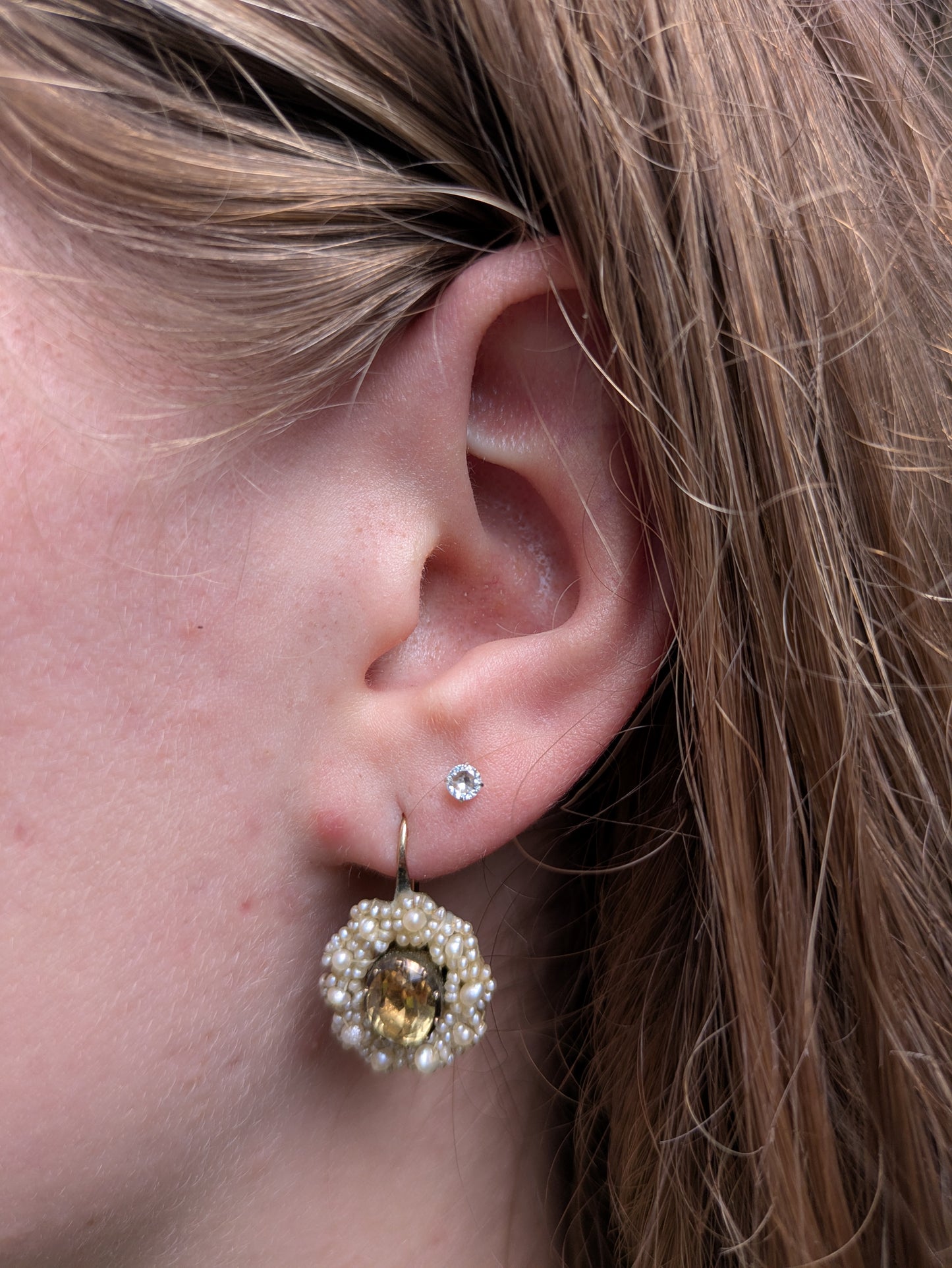 Georgian Foil Backed Citrine and Natural Pearl Earrings