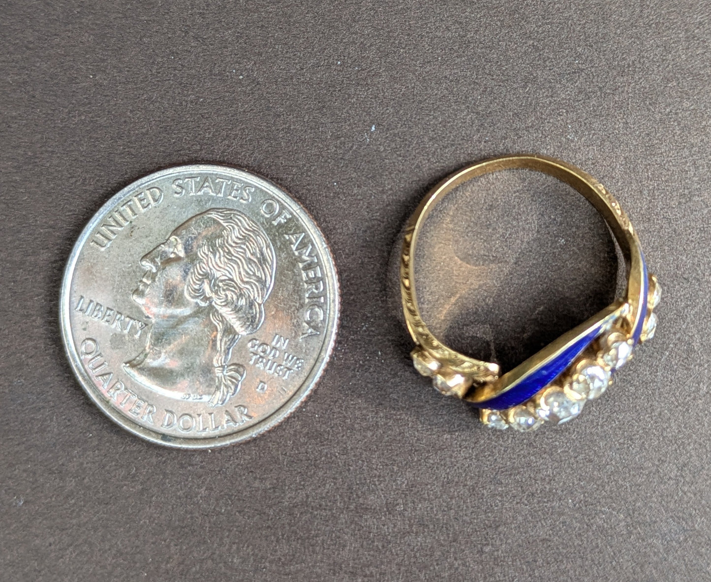 18k Blue Enamel & Mine Cut Diamond Ring from Mid 1800's