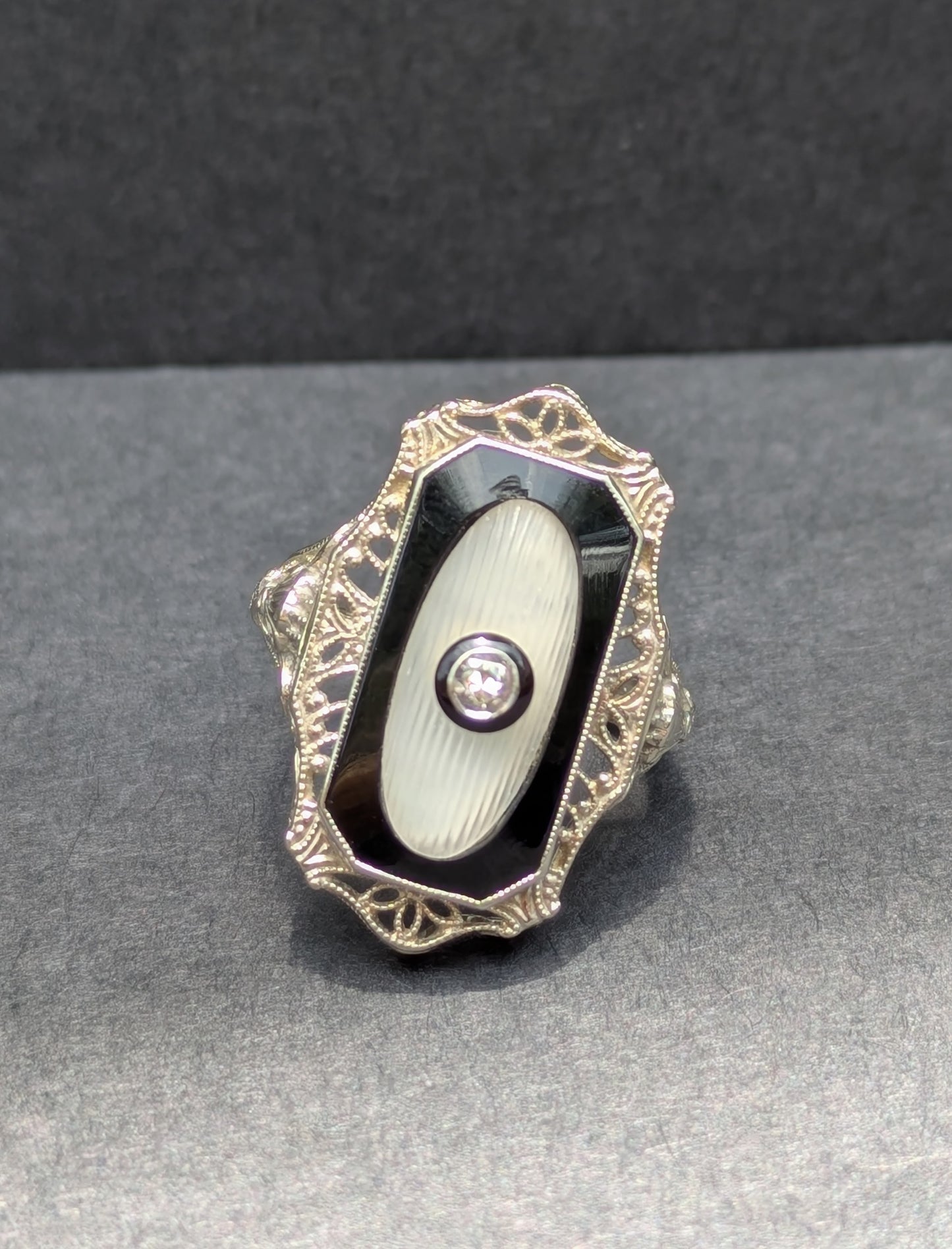 14kt White Gold Filigree Ring Set with Onyx Rock Crystal & Diamond