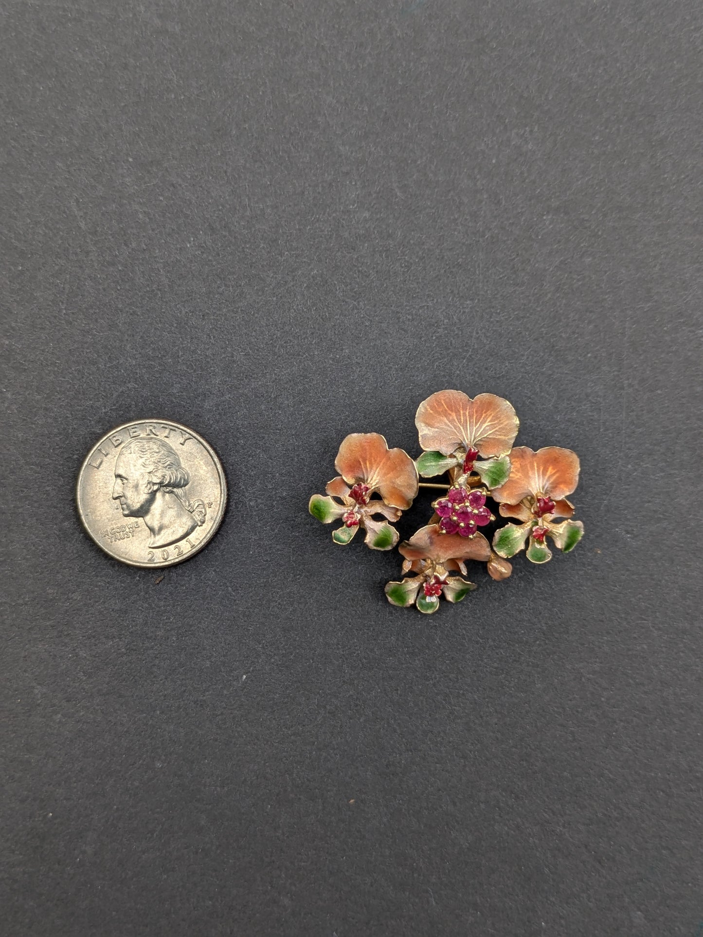 10k Enamel and Ruby Floral Brooch