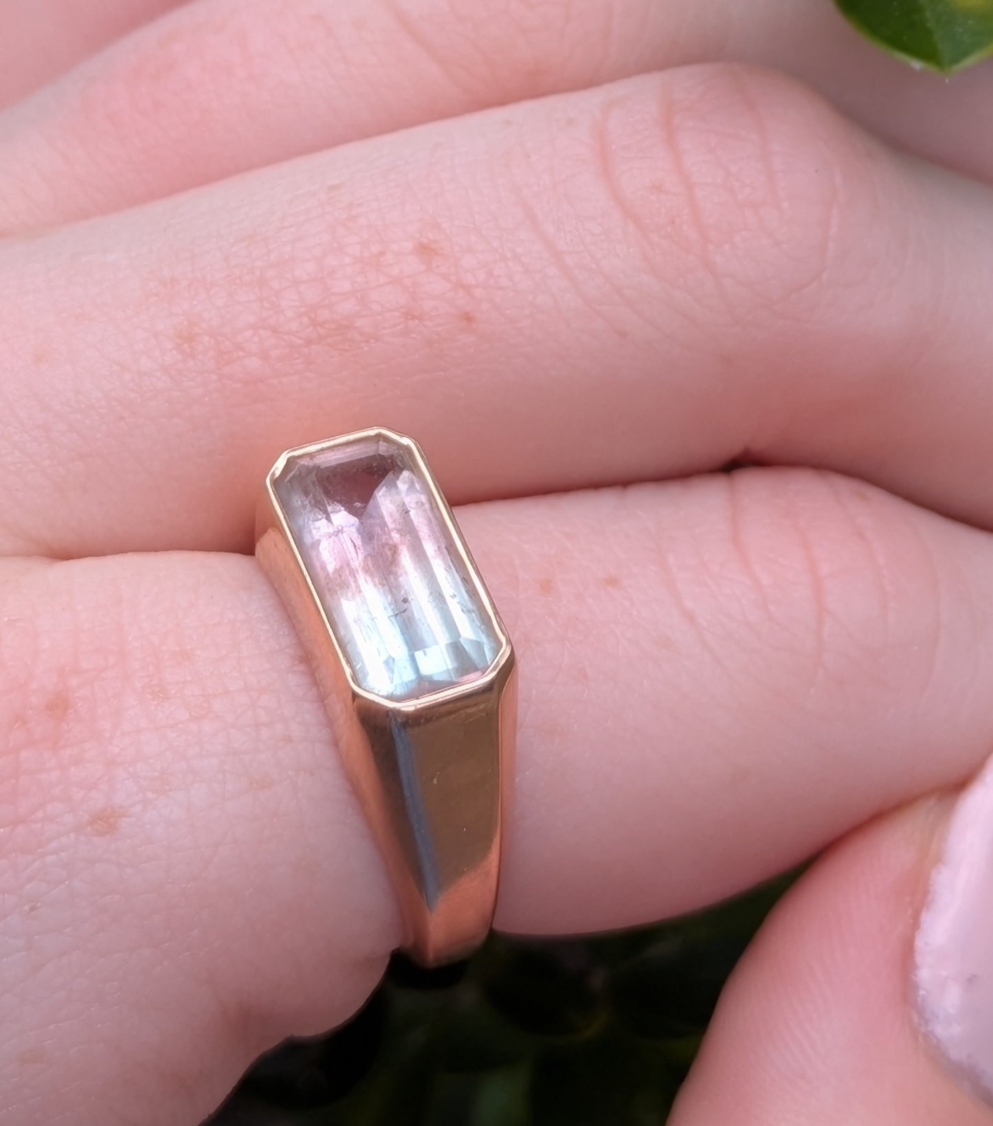 14kt Rose Gold Ring Set with Pink & Blue Aquamarine Emerald Cut