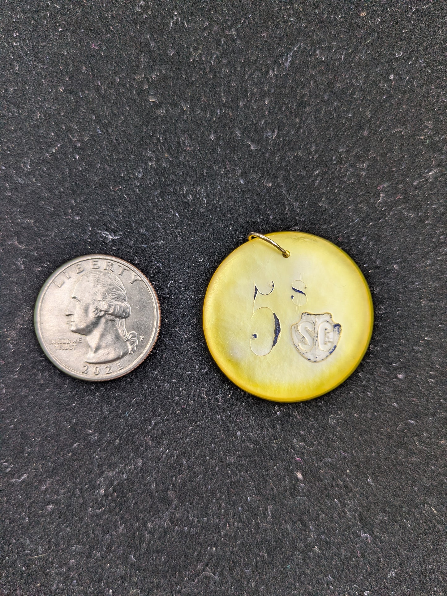 Round Yellow Mother of Pearl Poker Chip with Navy Engraving "$5 SC"