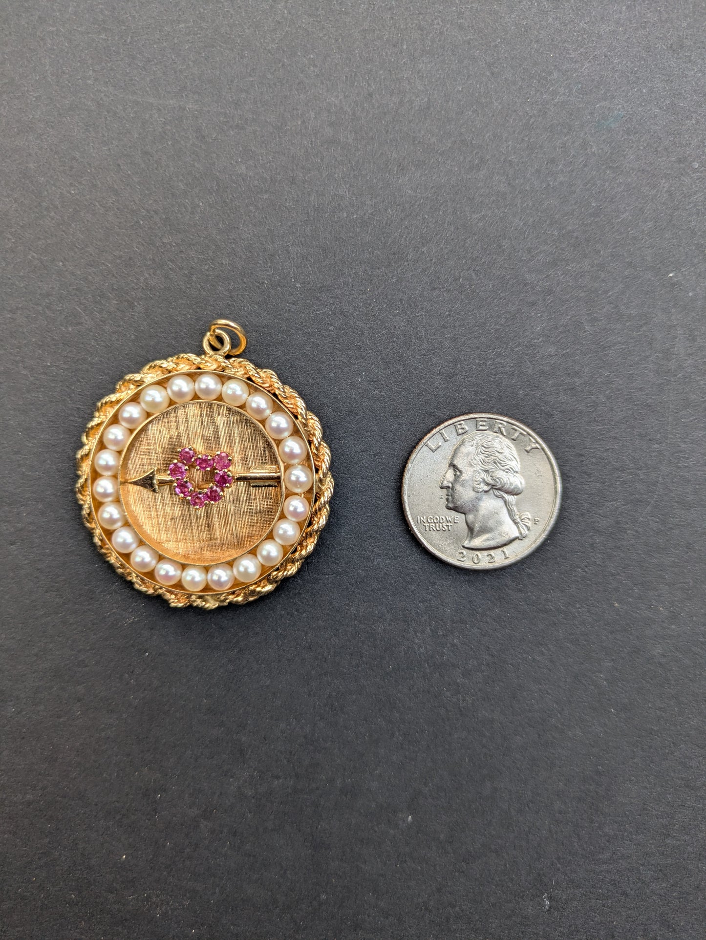 14k Large Disk Charm 1960's with Pearl and Ruby Heart + Arrow