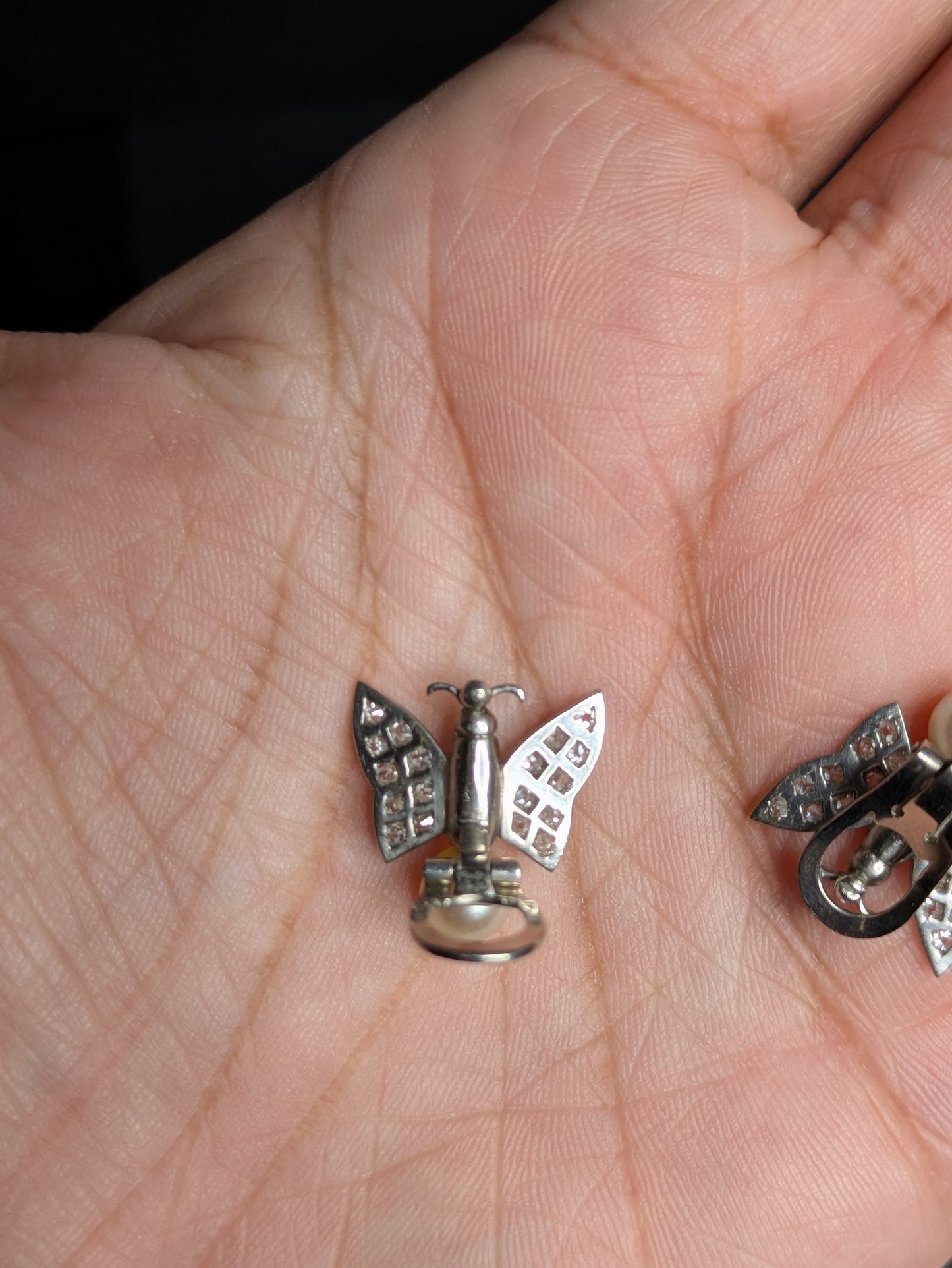 Platinum Diamond and Pearl 1940's Butterfly Earrings