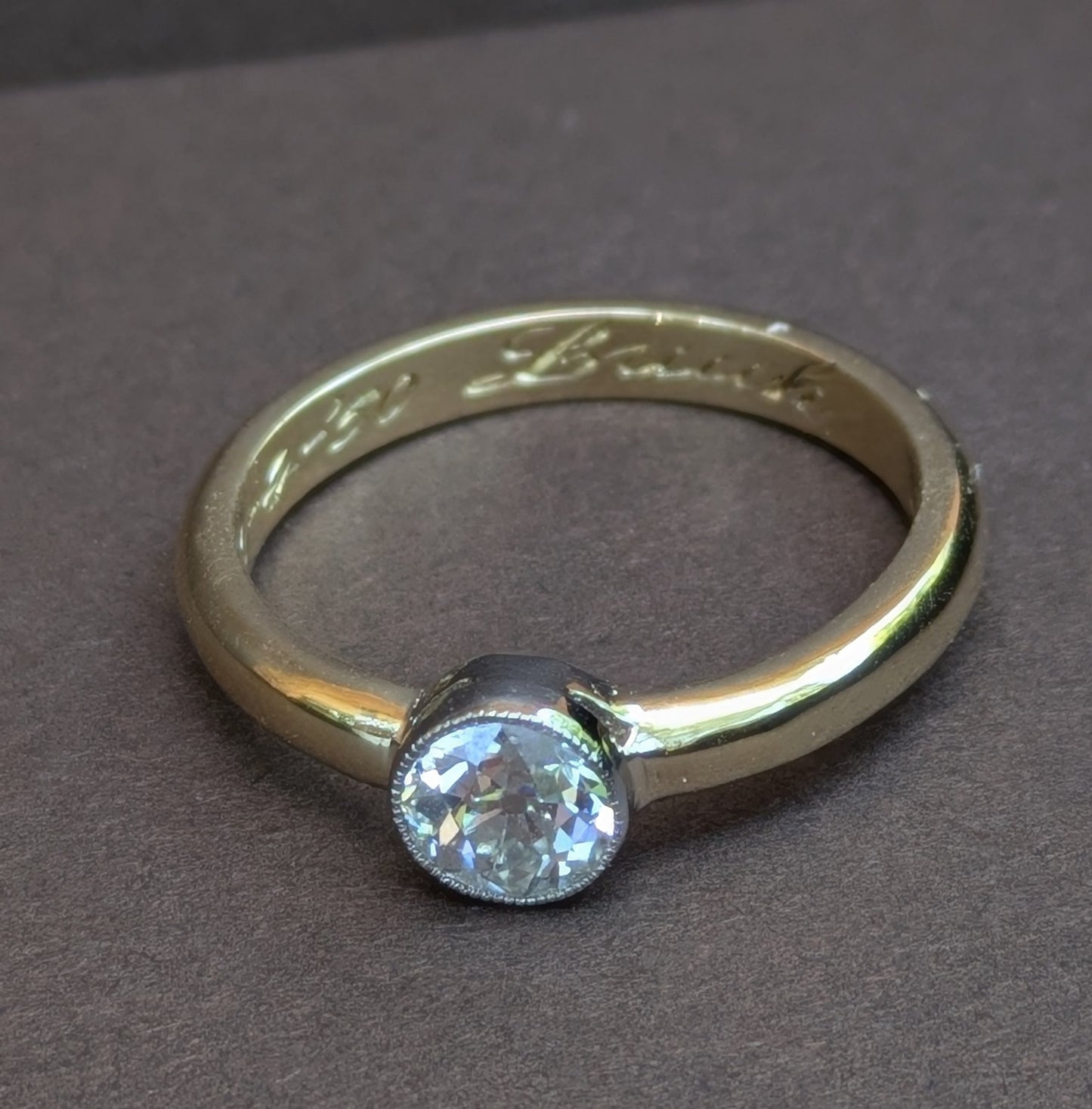 Approx .77ct OEC Diamond Original Bezel with Mill Grain, Set in 18kt Wedding Band