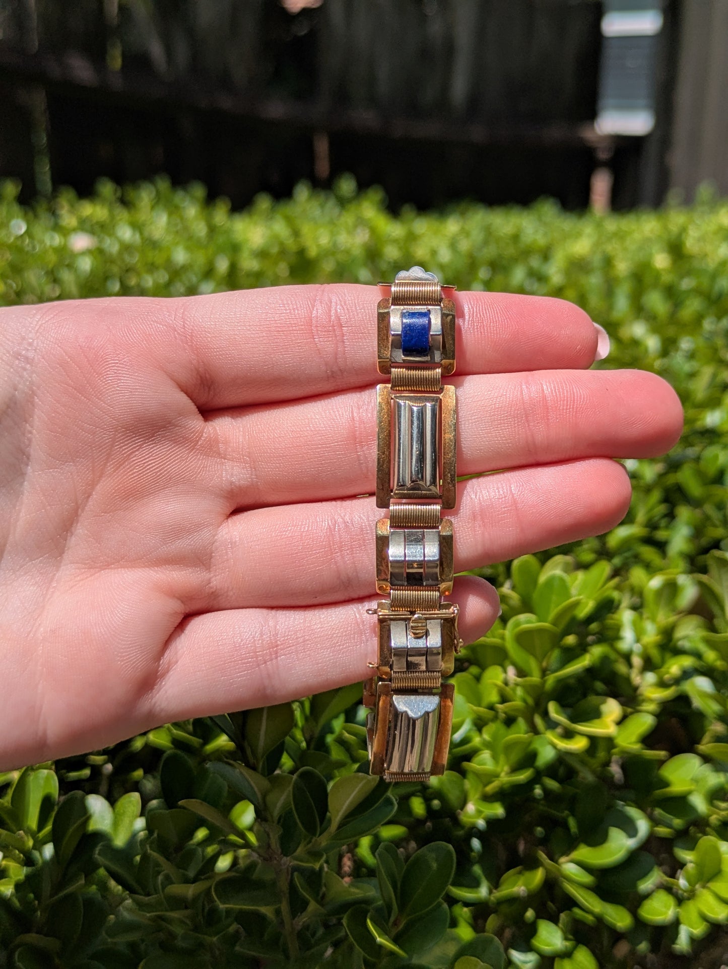14kt Two-Tone Arts and Craft Era Lapis Bracelet