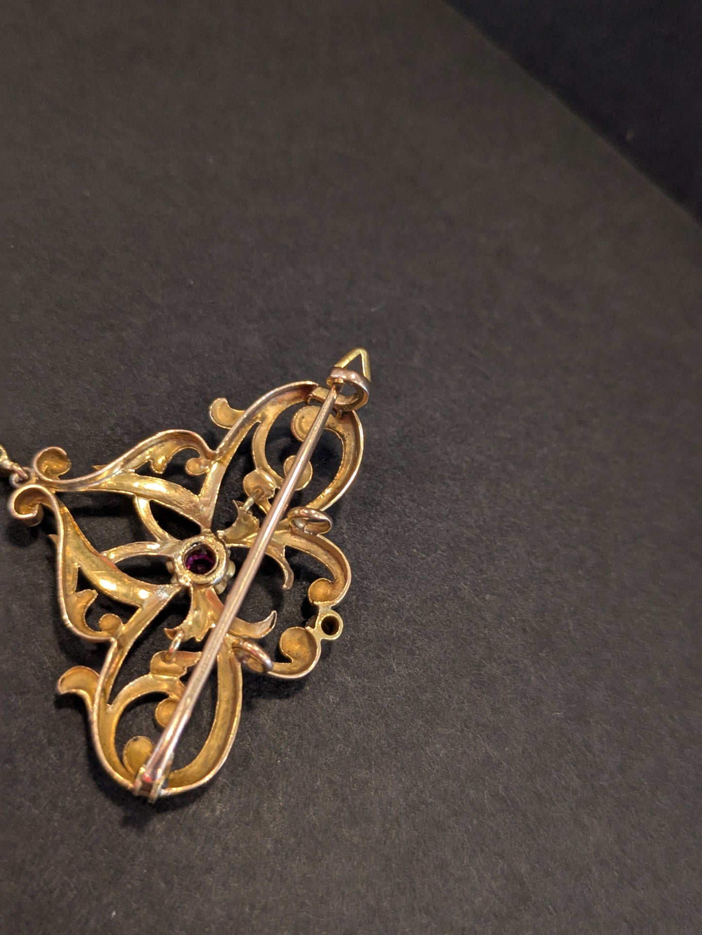 14k Jugendstil Brooch and Pendant with Pearl Diamond and Ruby