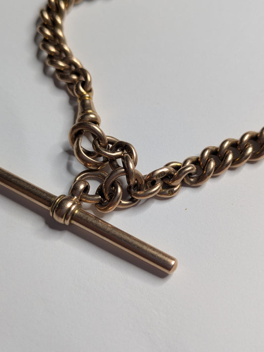 9k English Wide Graduated Curb Watch Chain with Dog Clip and T Bar