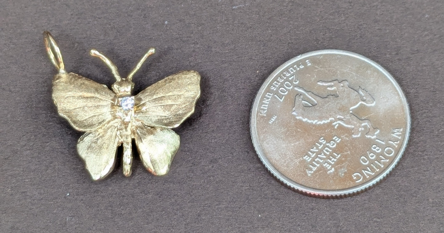 14kt Butterfly Pendant with Diamond Converted 1970's Brooch