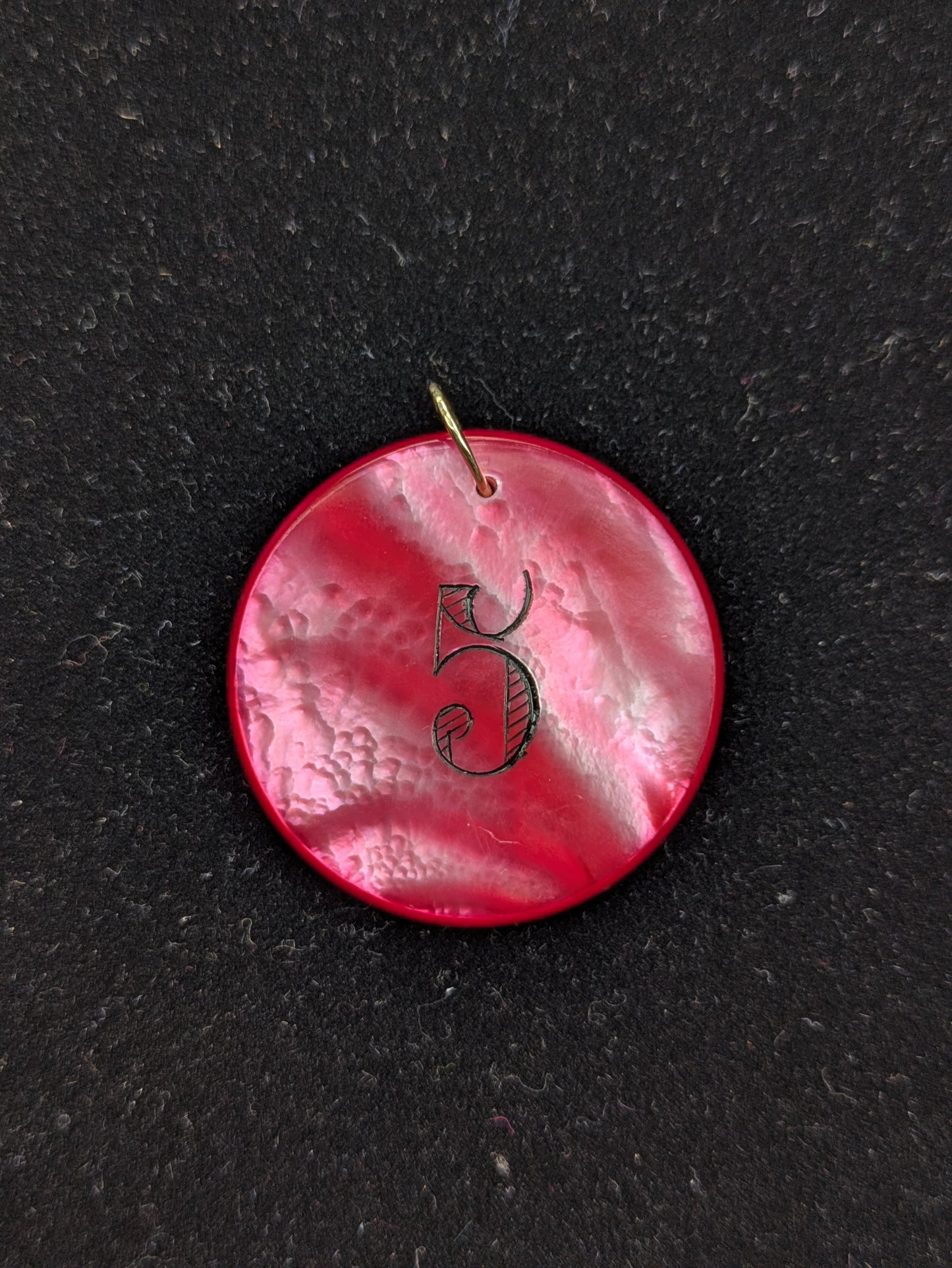 Round Red/Pink Mother of Pearl Poker Chip with Black Engraving "5"