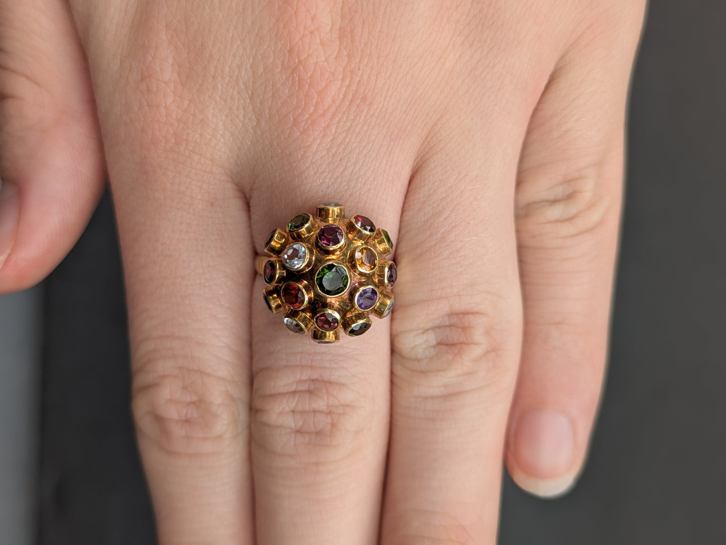 18k Gemstone Sputnik Ring with Tourmaline, Citrine, Peridot, and Topaz