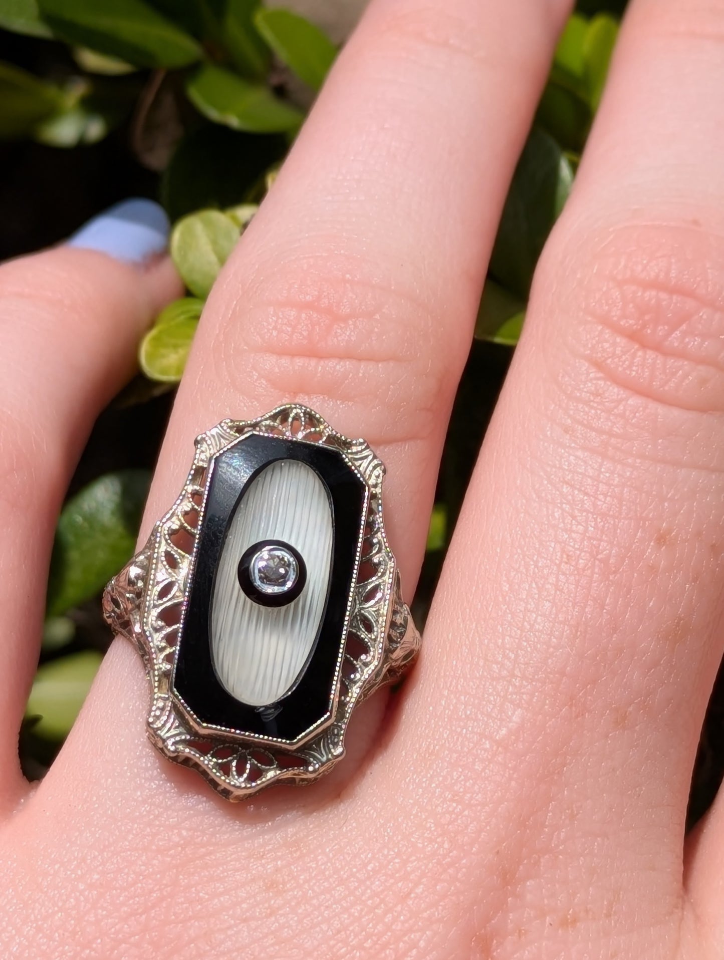 14kt White Gold Filigree Ring Set with Onyx Rock Crystal & Diamond