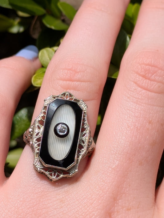 14kt White Gold Filigree Ring Set with Onyx Rock Crystal & Diamond