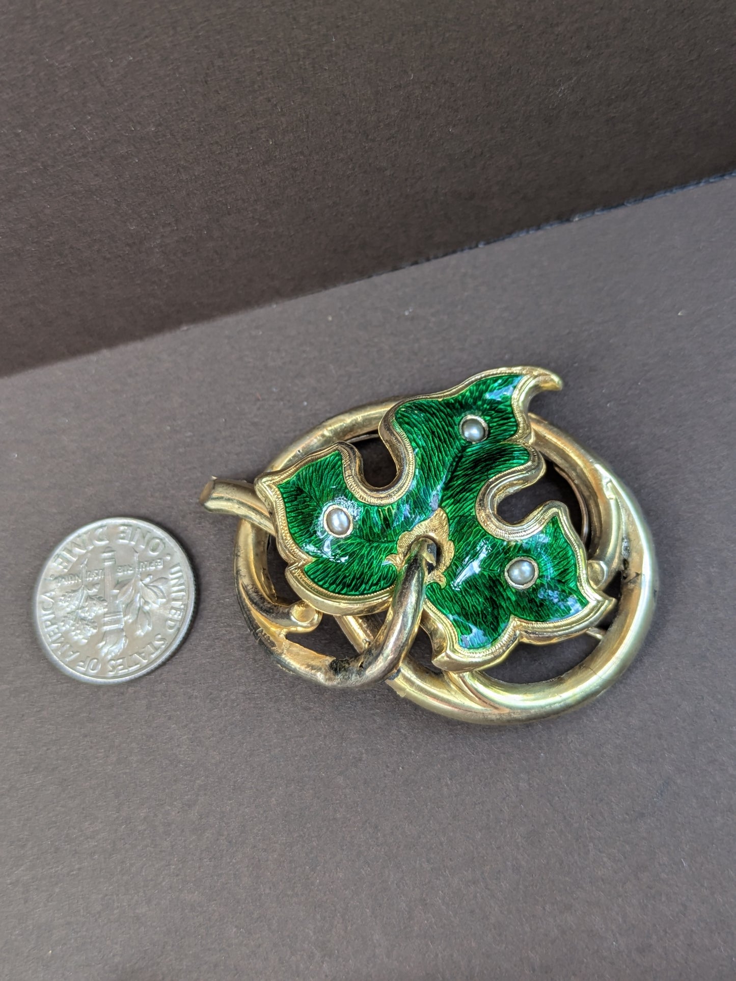 Early 1900's 14kt Green Enamel Love Knot with Leaf Motif - Seed Pearl Set