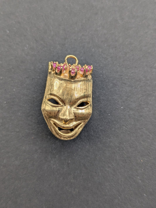 Heavy 14k Drama Masks Pendant with Sapphire and Ruby