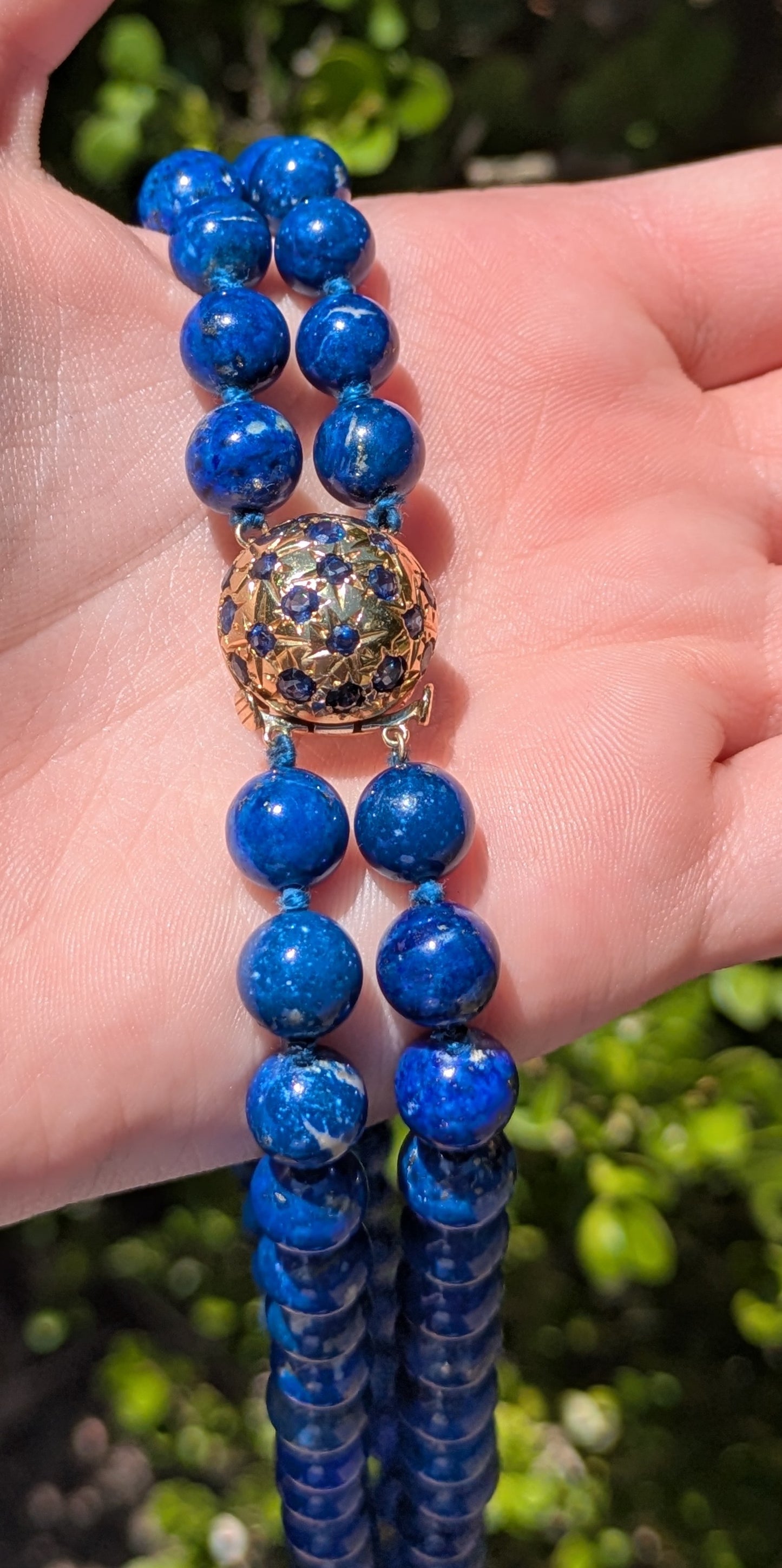 Double Strand Lapis Necklace with Sapphire, Domb Clasp- Double Safety, Restrung