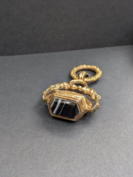 Antique 14kt Banded Agate Spinner Fob with Repousse Details