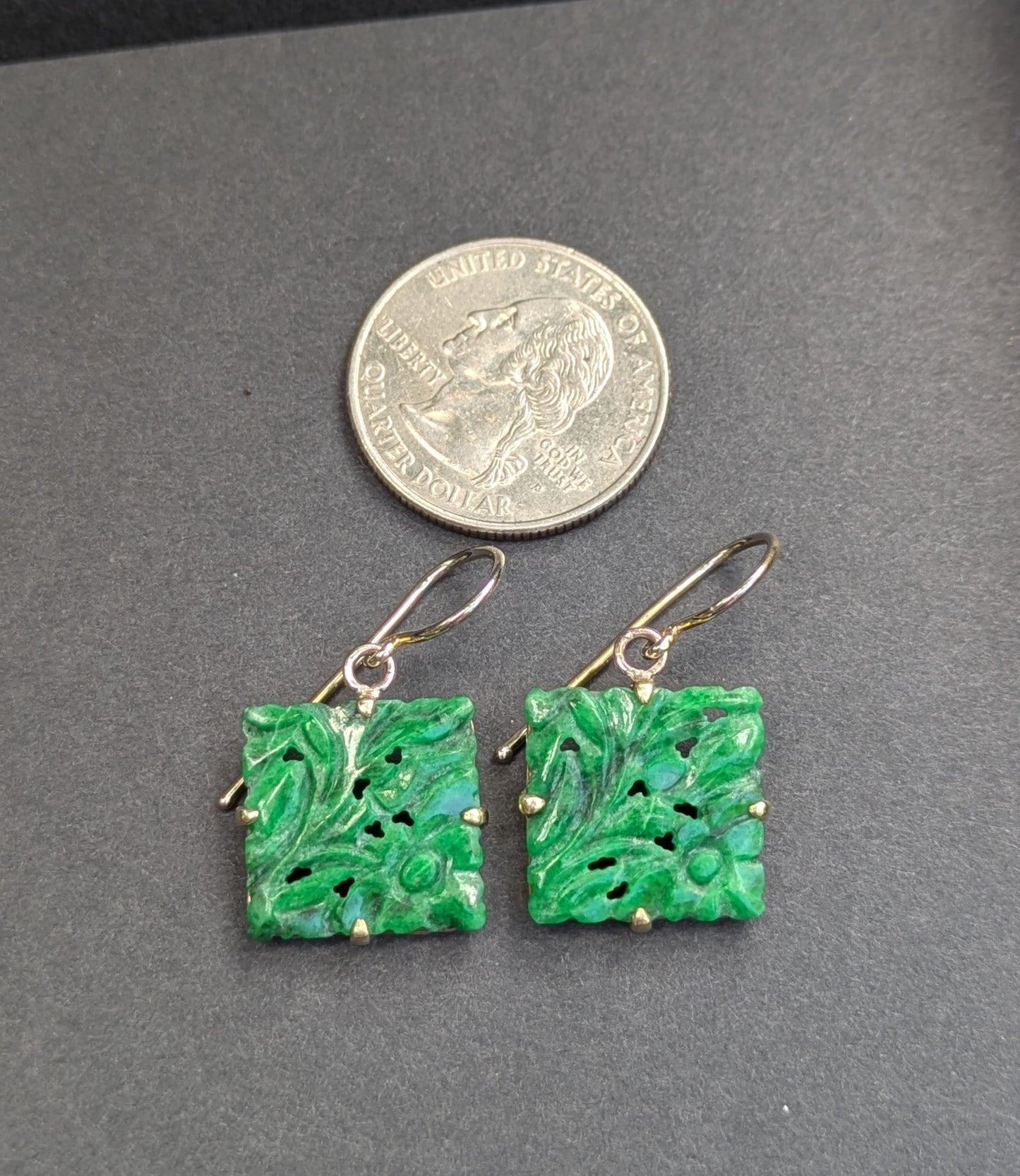Carved Green Jade Set in 14kt as Earings