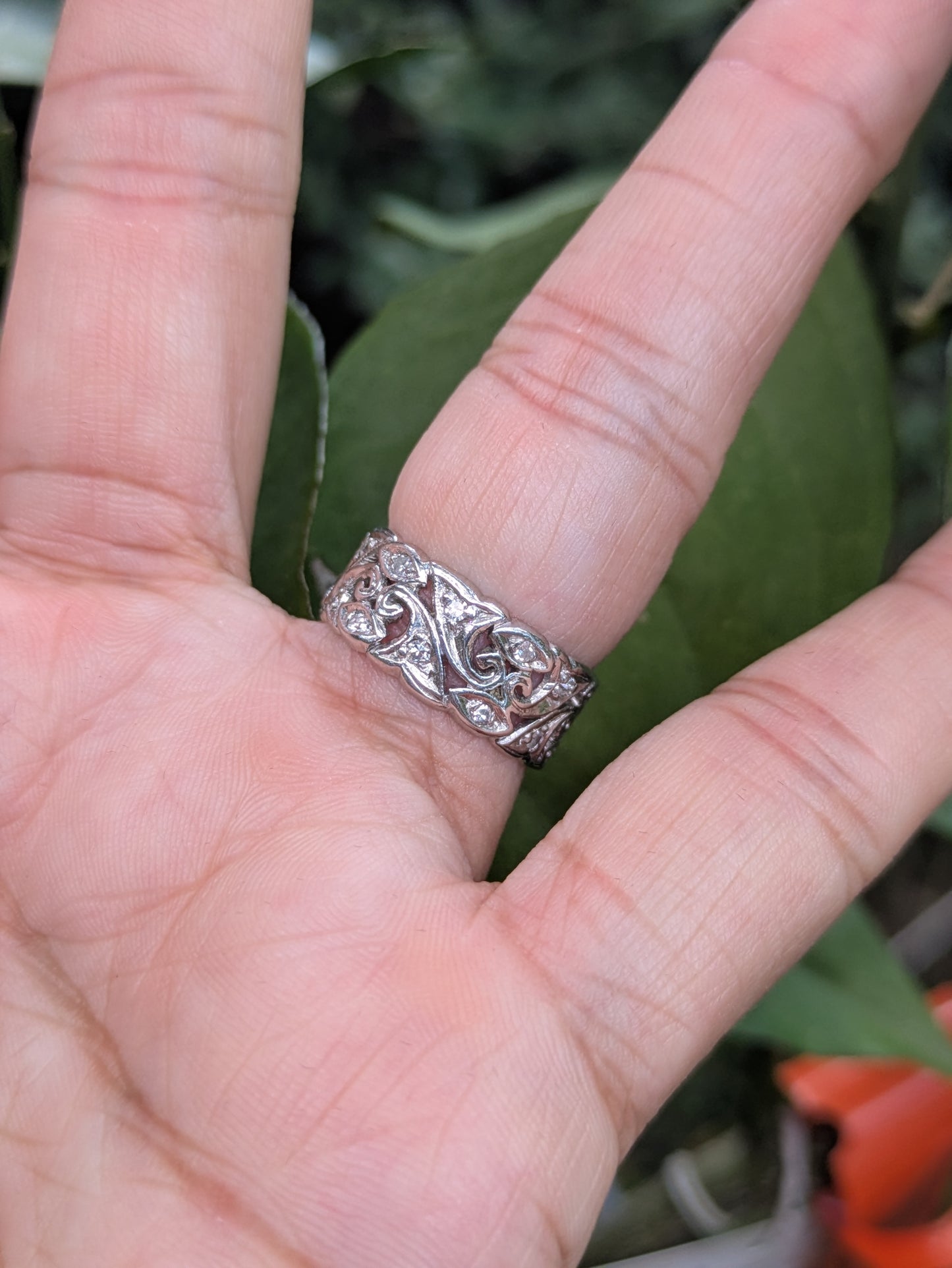 Wide Platinum and Diamond Band with Swirl Open Work