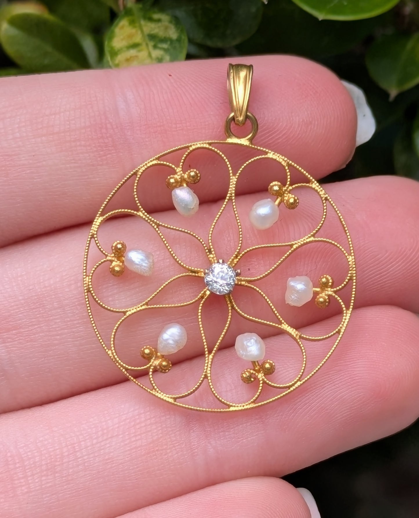 Edwardian Pendant 10k American Gold with Diamond and Pearls