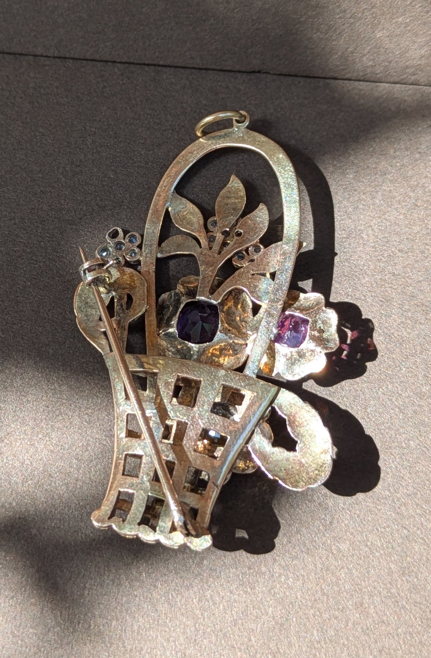 10kt Rose & Yellow Gold Basket Brooch & Pendant with Citrine, Diamonds, Amethyst, & Spinel
