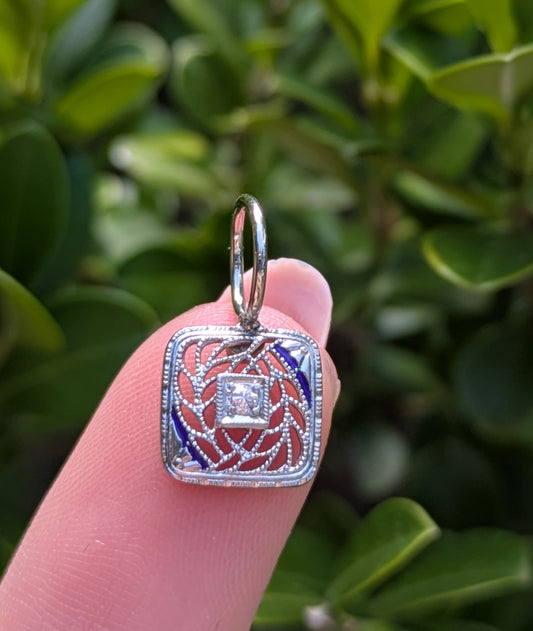 14kt White Gold Filigree Charm with Diamond & Sapphire