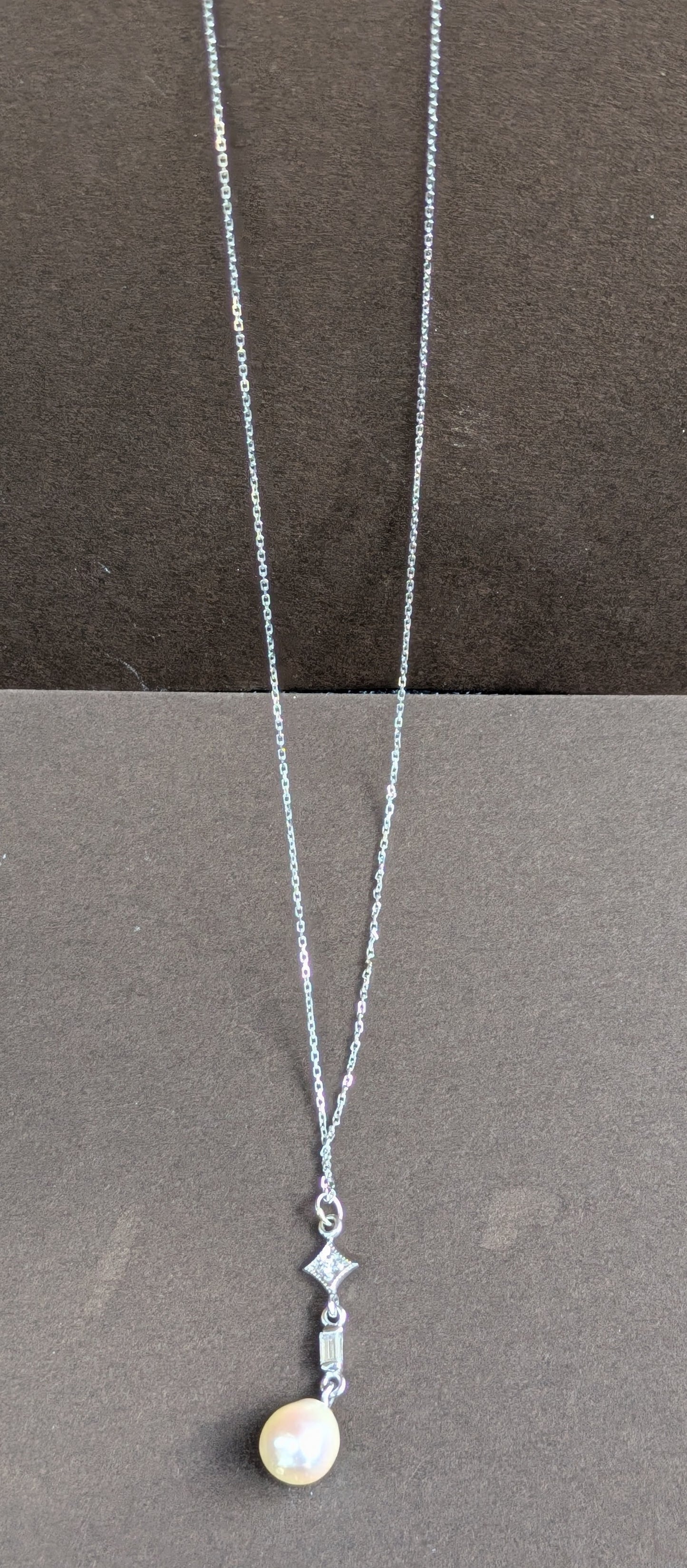 Platinum Diamond Pearl Necklace on White Gold Chain