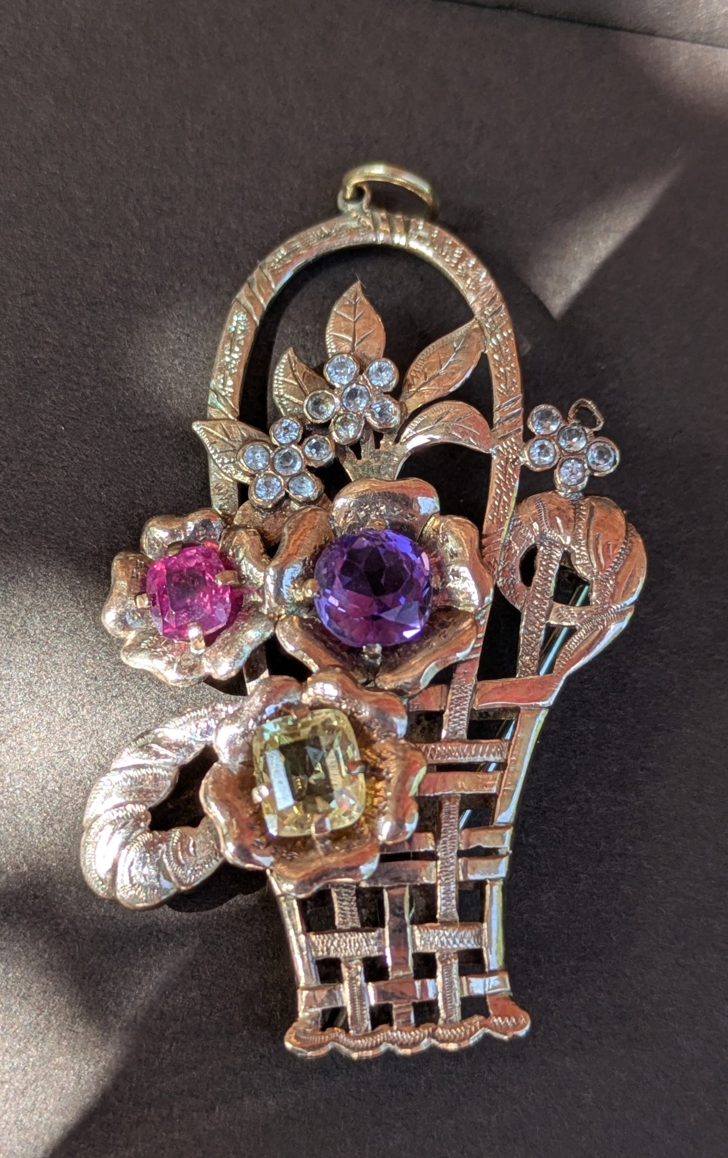 10kt Rose & Yellow Gold Basket Brooch & Pendant with Citrine, Diamonds, Amethyst, & Spinel