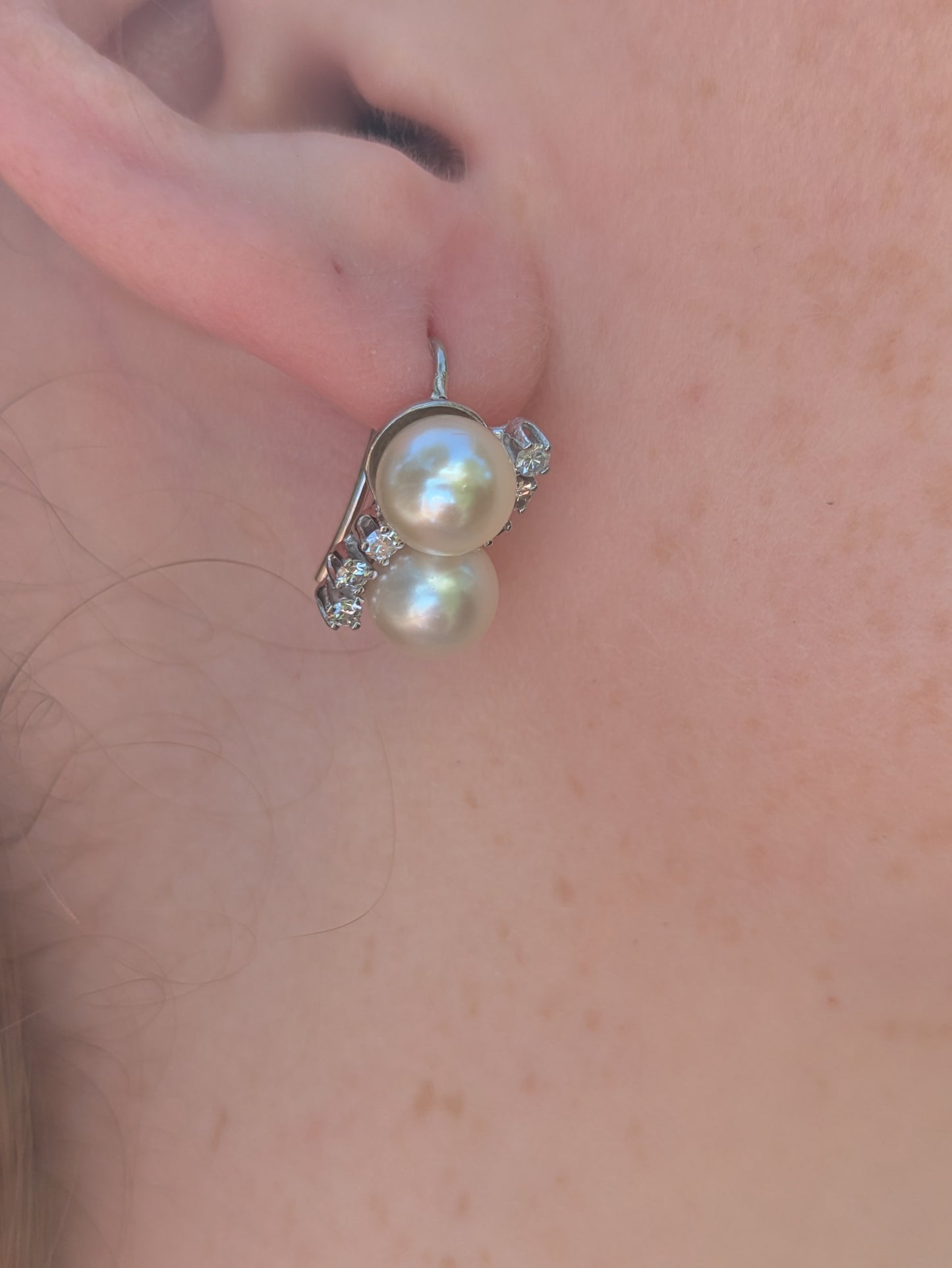 14kt White Gold Pearl & Diamond Hook Earrings