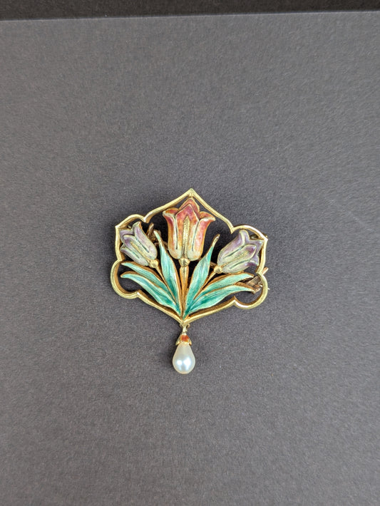 French Art Nouveau 18kt Floral and Pearl Brooch and Pendant