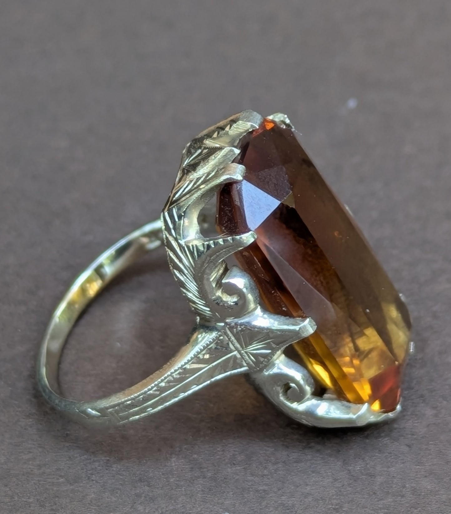 20k White Gold and Elongated Cushion Cut Citrine Ring with Hand Engraving