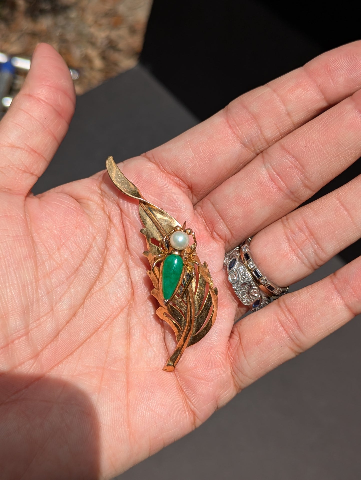 14kt Jade and Pearl Grasshoper on Leaf Brooch