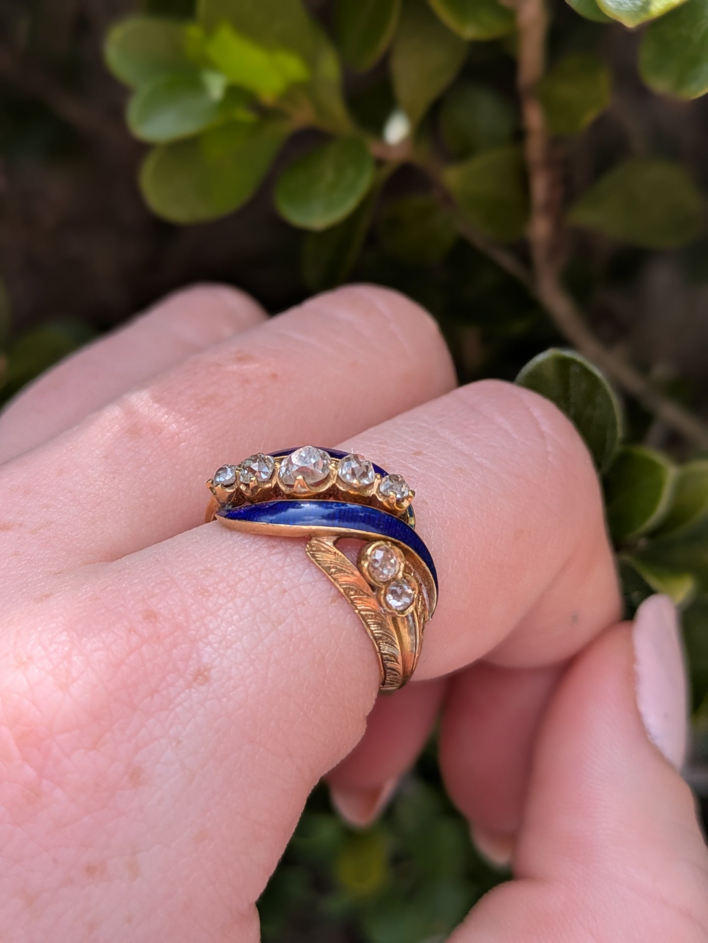18k Blue Enamel & Mine Cut Diamond Ring from Mid 1800's