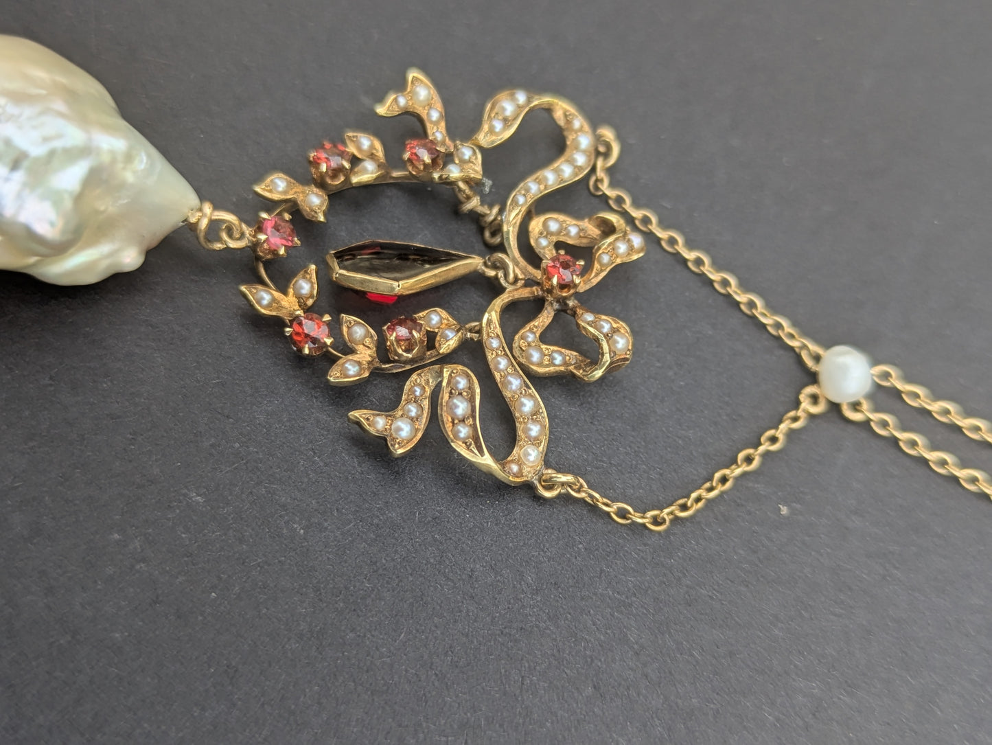 14k Victorian Pearl and Garnet Drop Necklace