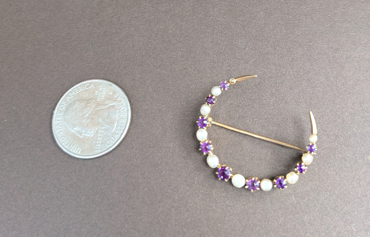14kt Pearl and Amethyst Cresent Brooch