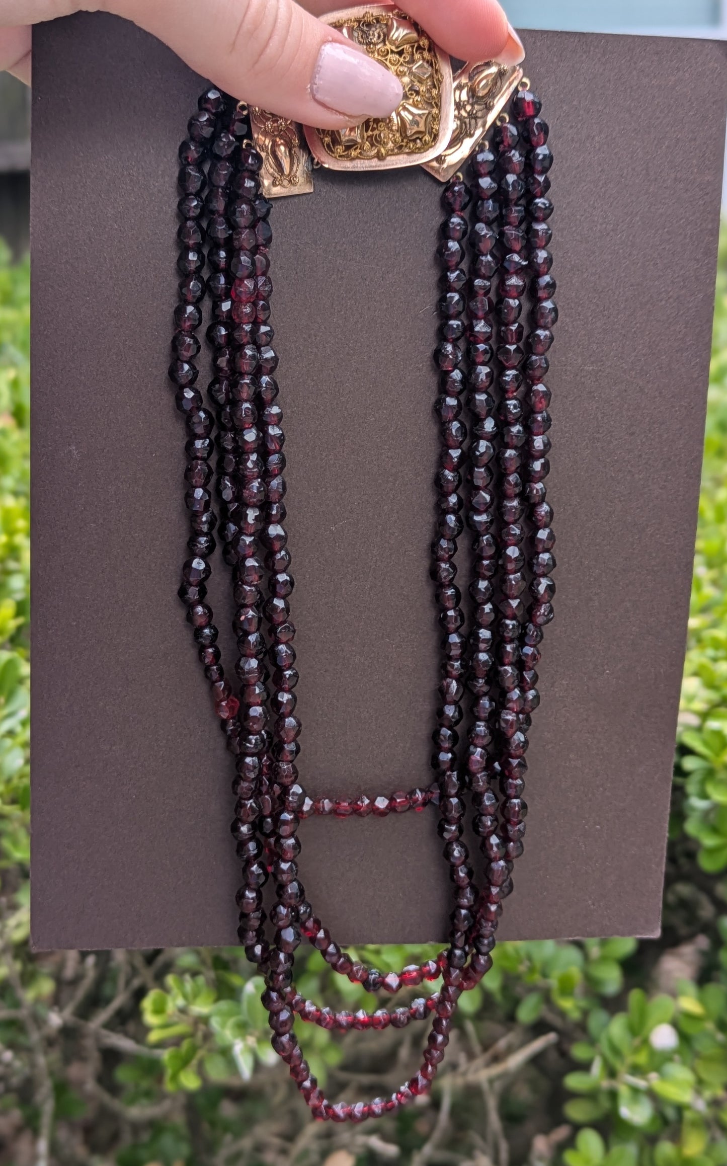 3 Strand Antique Garnet Dutch 14kt Lacework Clasp