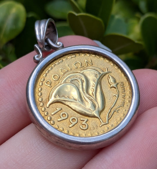 Greek Gold Coin Pendant Bezeled in Sterling