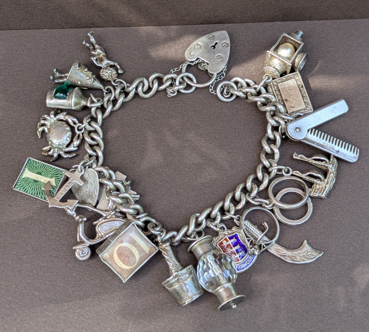 Elaborate English Sterling Charm Bracelet with Heart Clasp