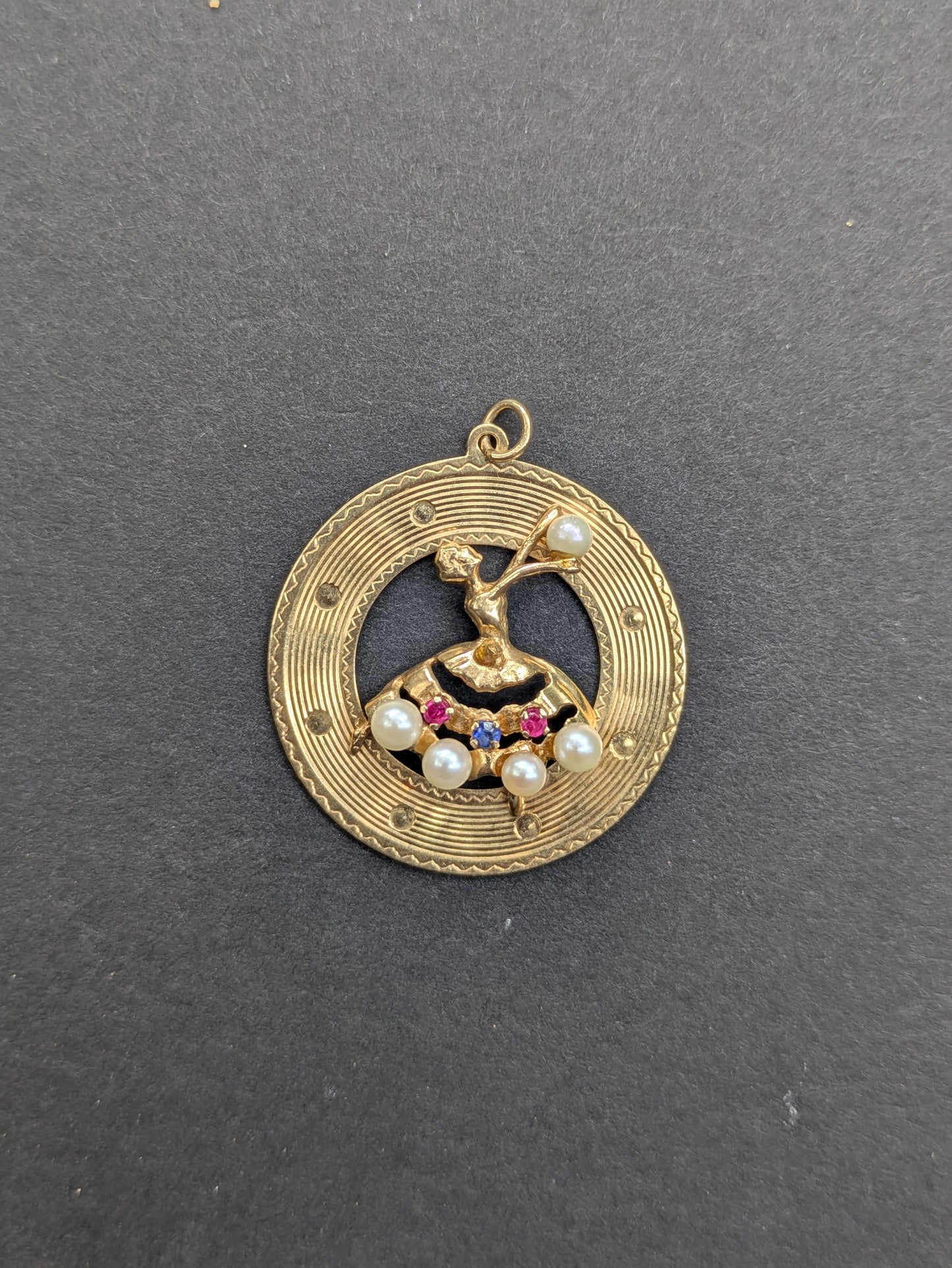 14k 1960's Disk Charm with 3D Ballerina with Pearl, Sapphire, and Ruby