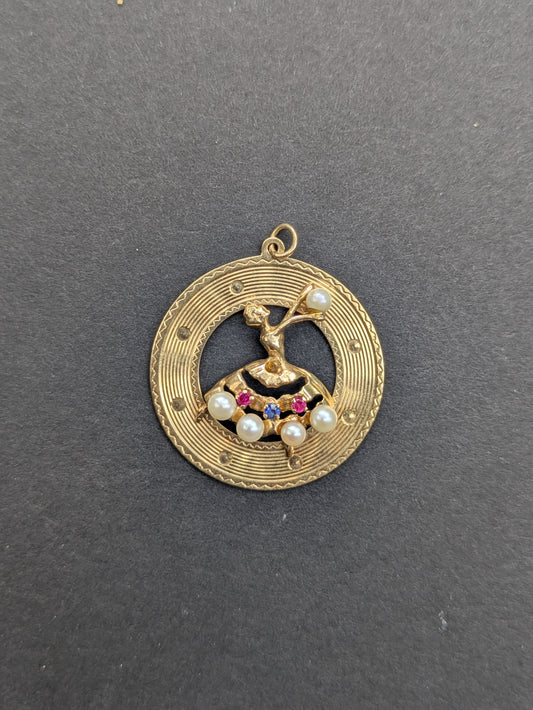 14k 1960's Disk Charm with 3D Ballerina with Pearl, Sapphire, and Ruby