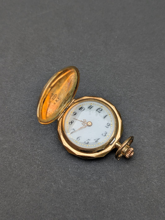 Ladies Small 14kt Full Covered Pocket Watch Enamel Face Engraved