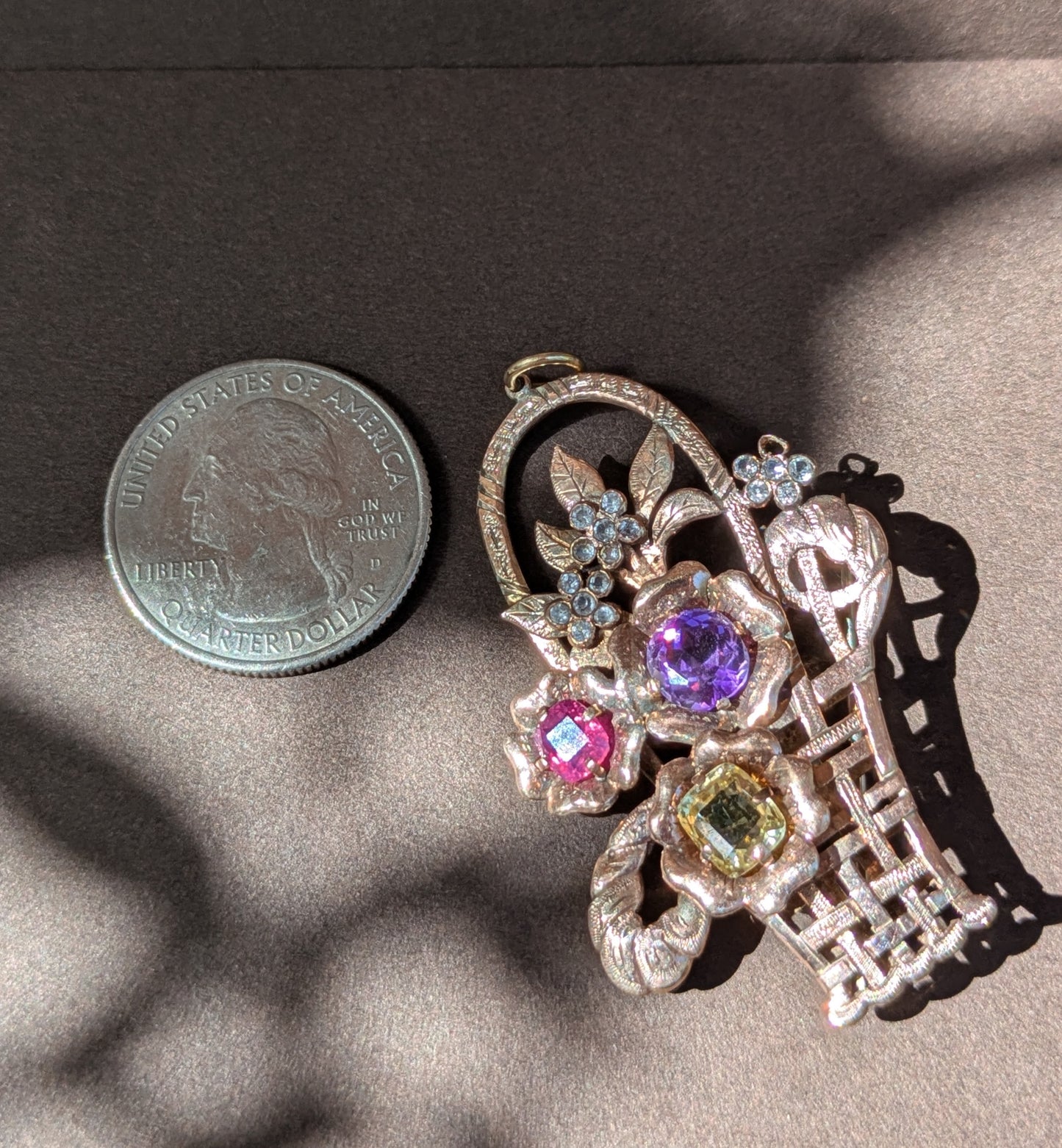 10kt Rose & Yellow Gold Basket Brooch & Pendant with Citrine, Diamonds, Amethyst, & Spinel