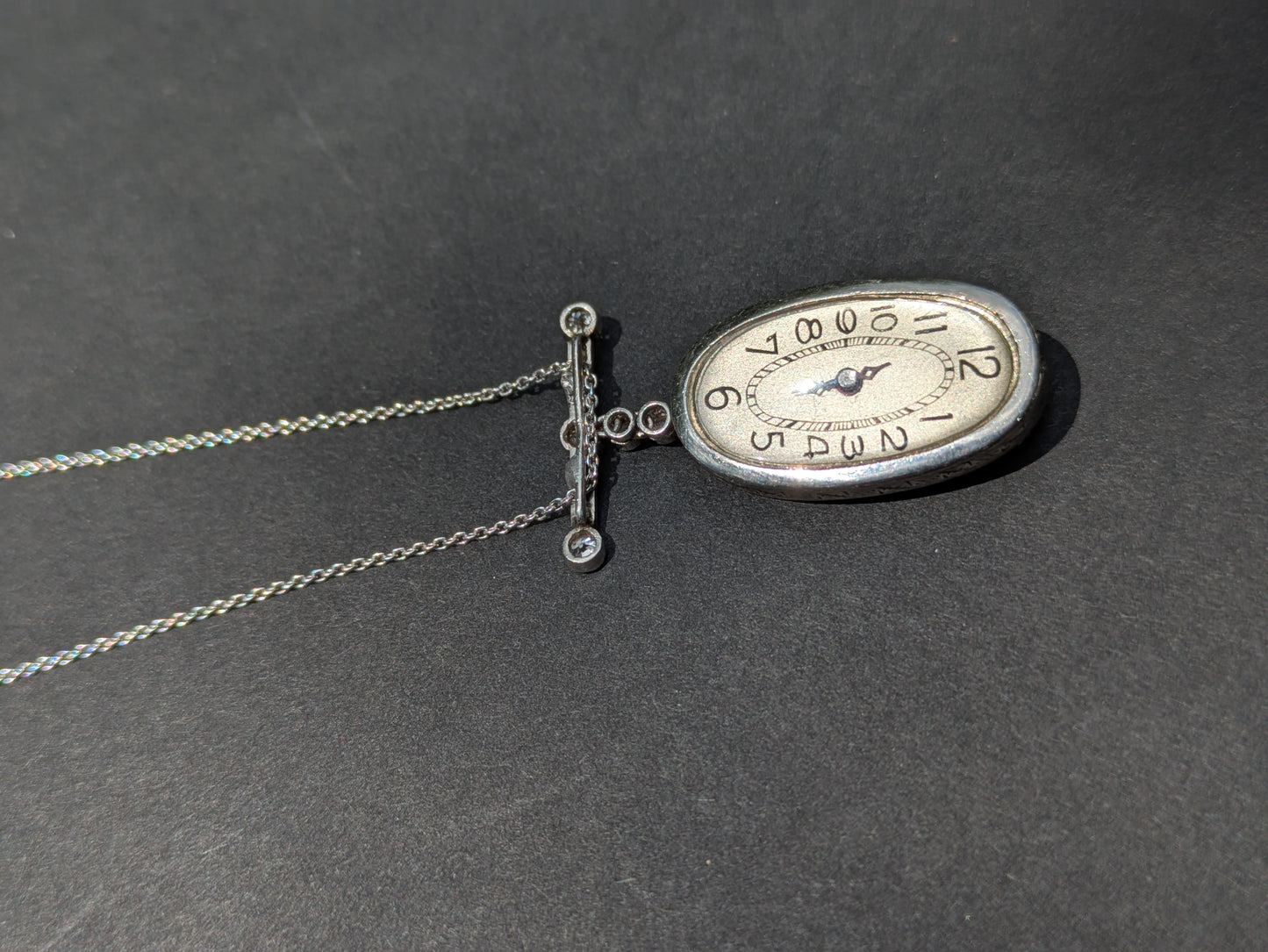 Art Deco Platinum Onyx and Diamond Watch Pendant on 14kt White Gold Chain