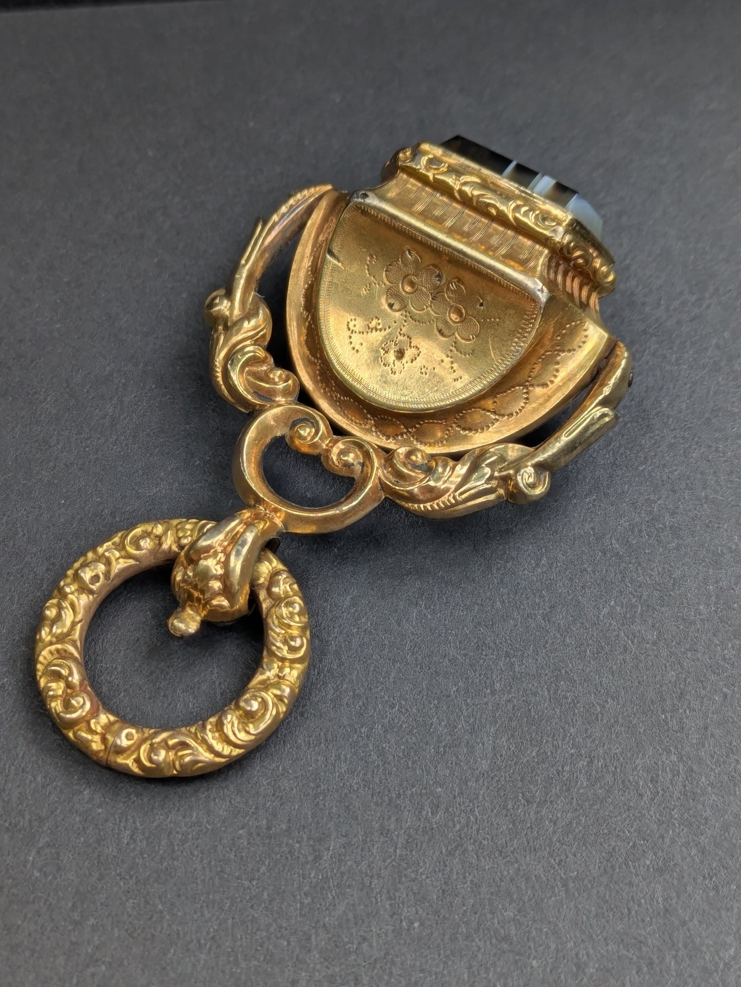 Antique 14kt Banded Agate Spinner Fob with Repousse Details